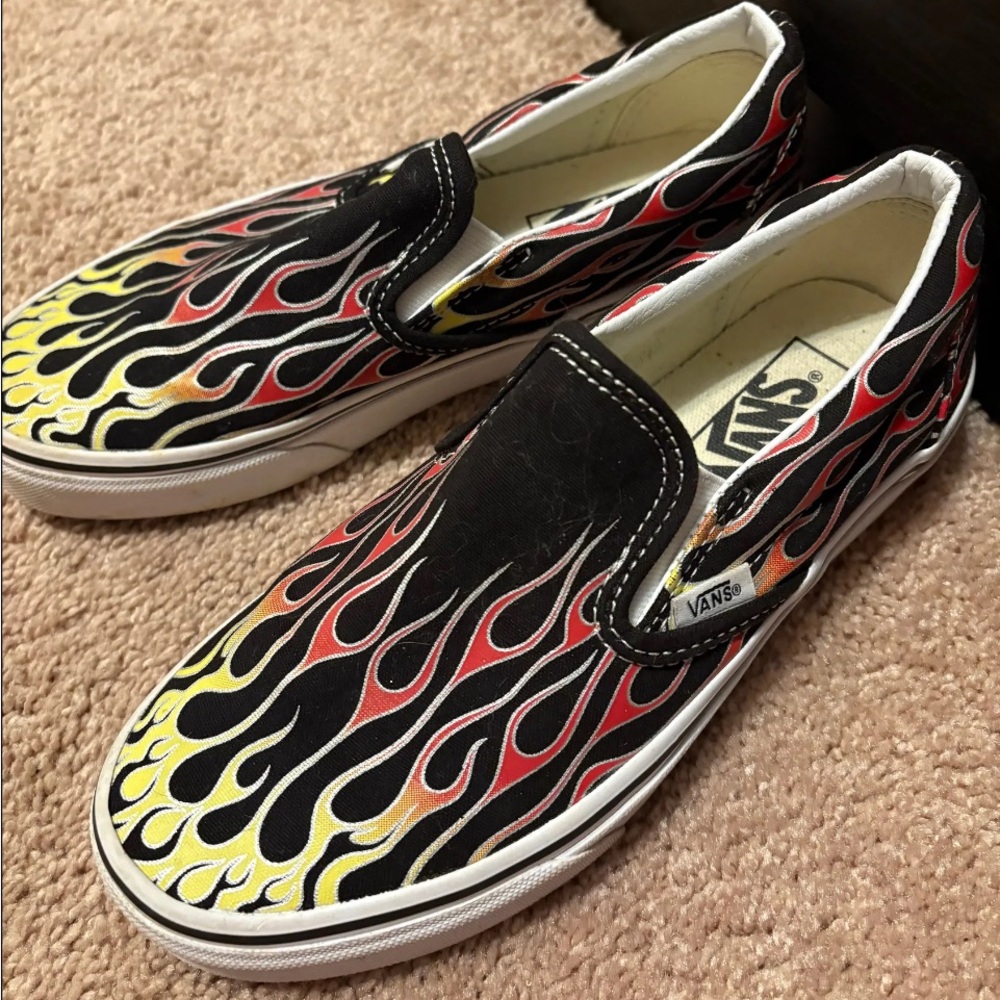 Vans Black and Red Flame Slip Ons